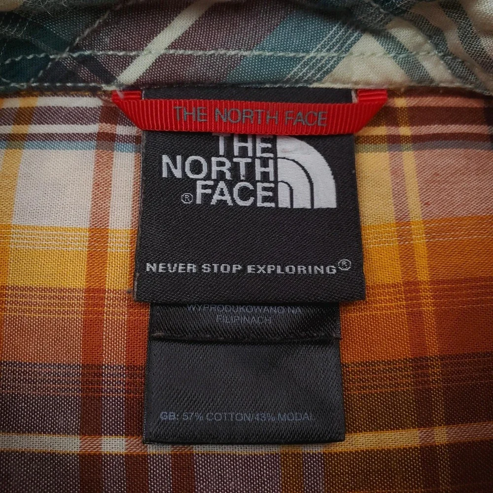 North Face Shirt Mens Small Orange Yellow Plaid Short Sleeve Button Up Outdoor